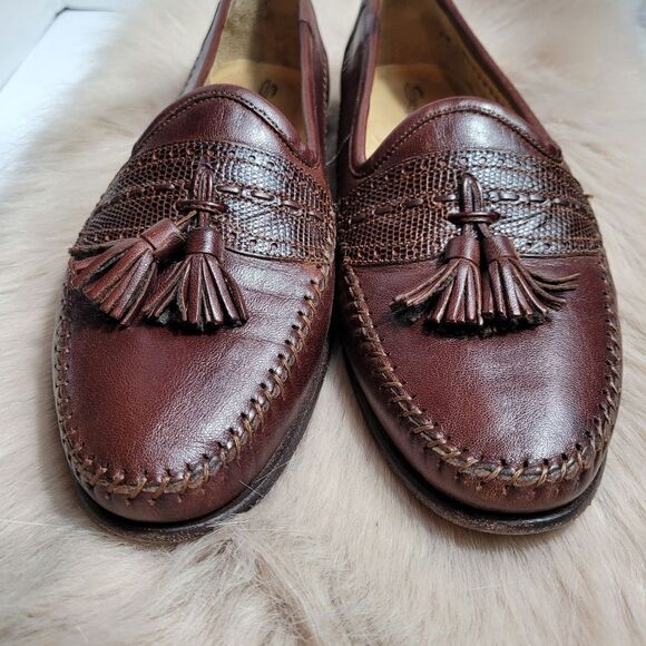 Santoni Tassel Brown Leather Loafers Lizard Accents Mens  Shoes Size 7.5